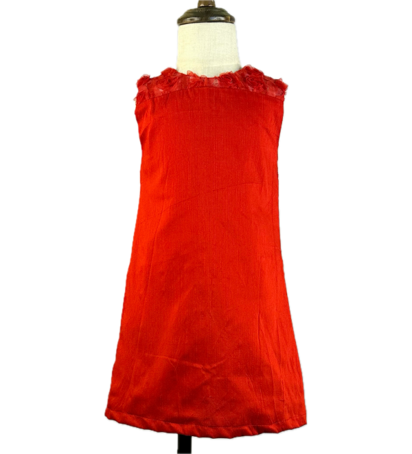 A-line-frock-(1-2 years)-red-slub-cotton-girls-dress