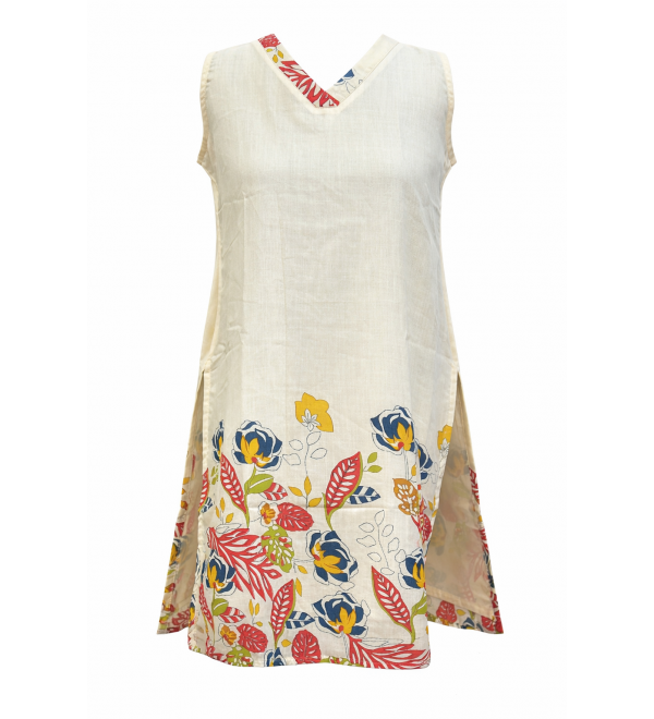 Women’s-Kurti-Ethnic-Wear-Slitted-Cream-Pink-Floral-Cotton-Blend-Sleeveless-Dress-meerasatrium